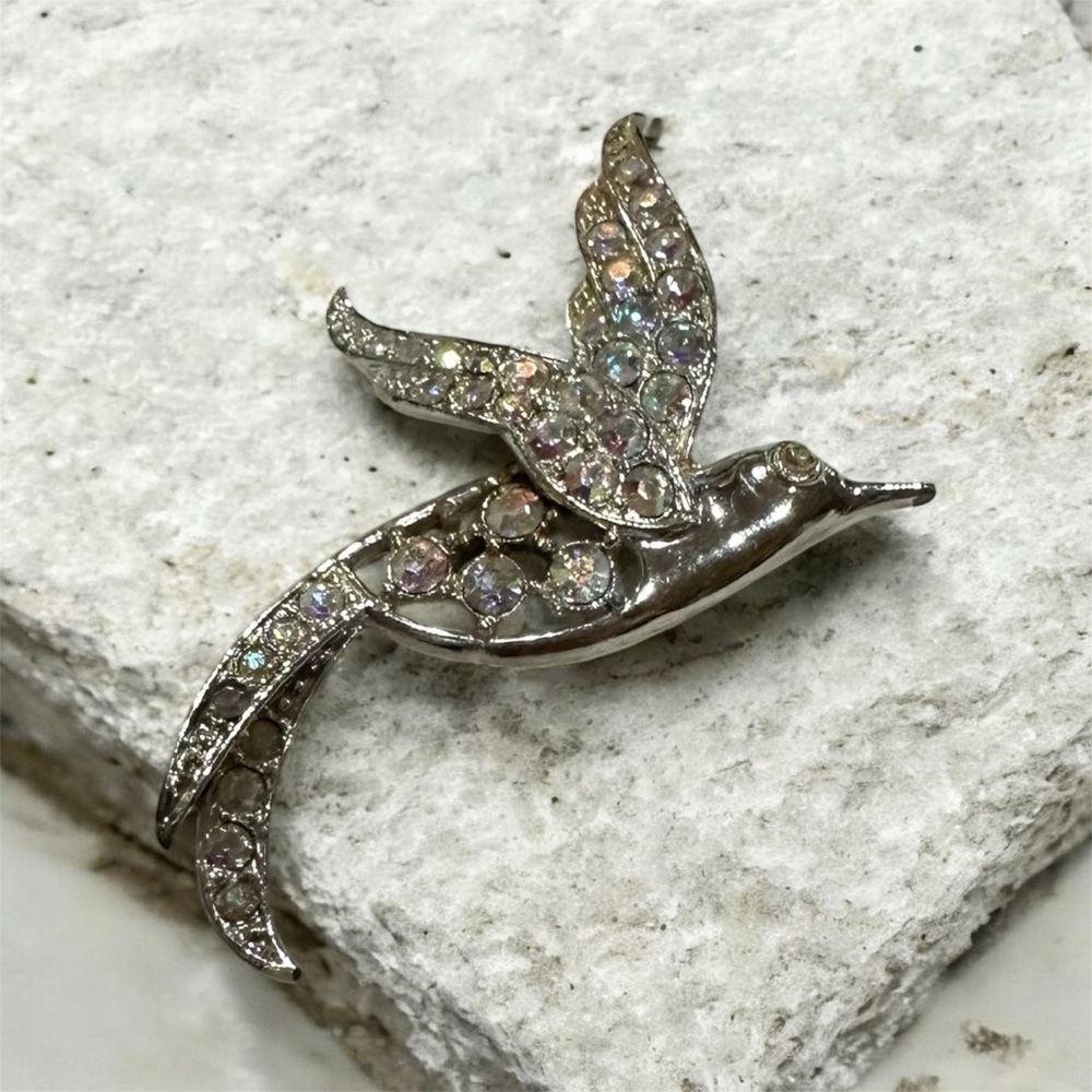 Elegant Silver Bird Brooch with Multicolor Accents